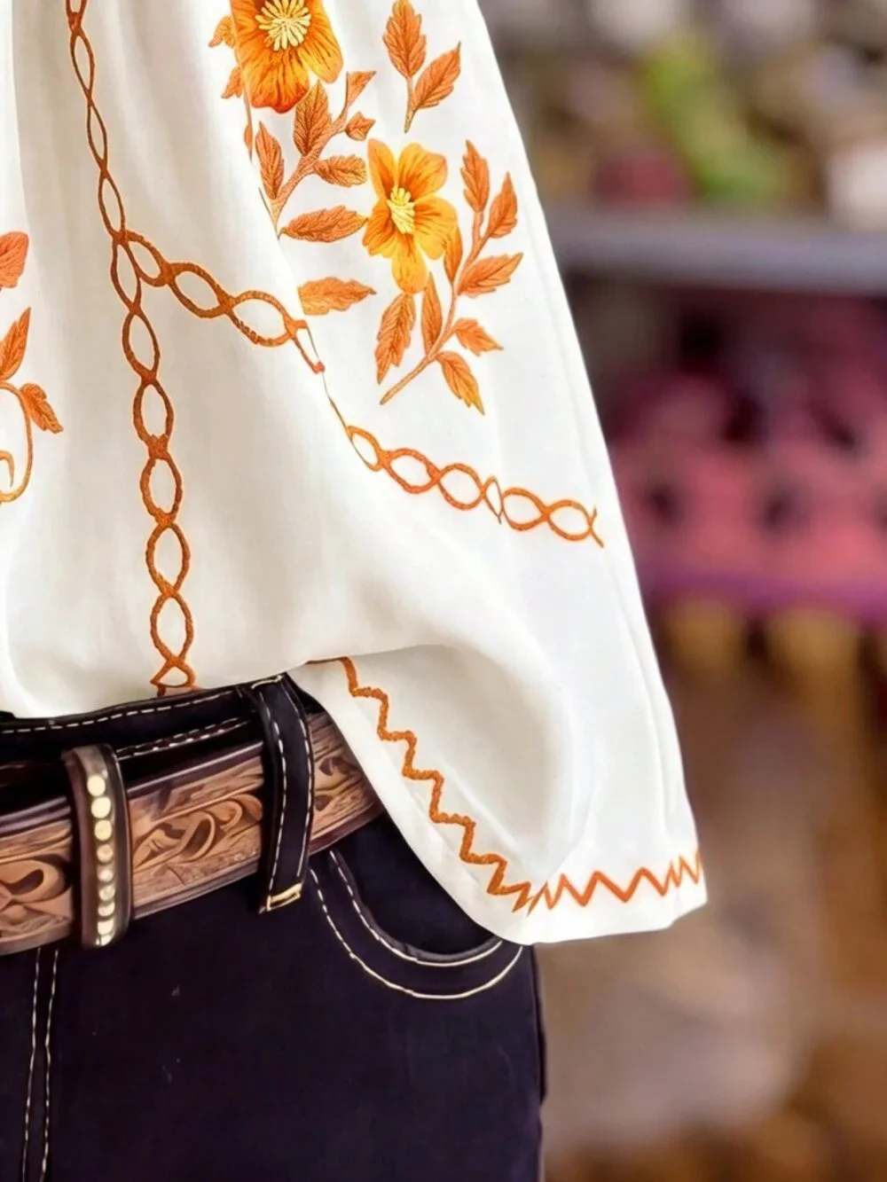 Yellow Boho Women's Round Neck Lantern Sleeve Embroidery Print A-Line